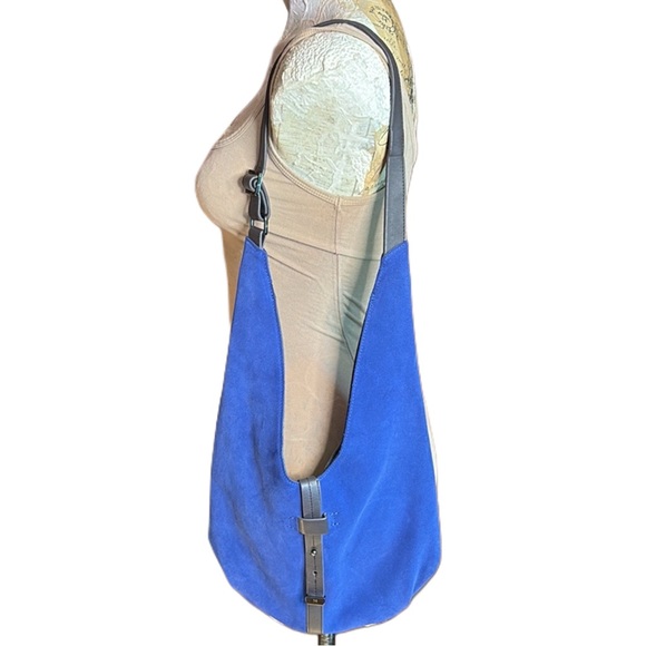 Halston Heritage Bag Womens Hobo Cobalt Blue Suede Brown Leather 2 Toned Slouch - Picture 3 of 15